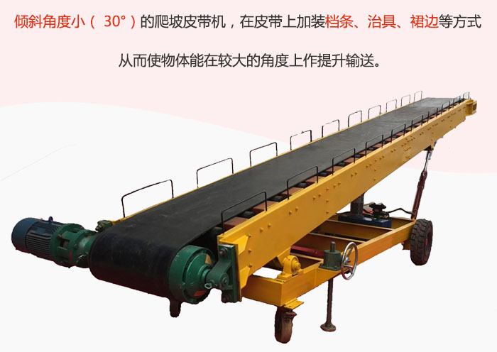 倾斜角度小（ 30°）的爬坡皮带机，在皮带上加装档条、治具、裙边等方式从而使物体能在较大的角度上作提升输送。