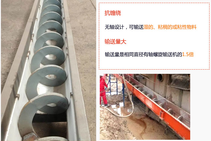 WLS无轴小黄片下载地址输送量大是相同直径有轴小黄片下载地址的1.5倍，抗缠绕性好，无轴设计，可输送湿的、粘稠的或粘性物料。